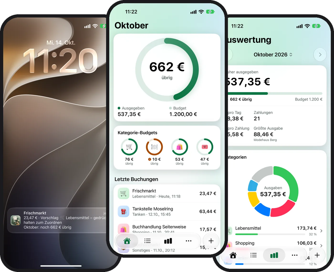 Die App Kassensturz auf drei iPhones: Mitteilung nach einer Zahlung, Monatsübersicht mit Budget-Ring und Auswertung