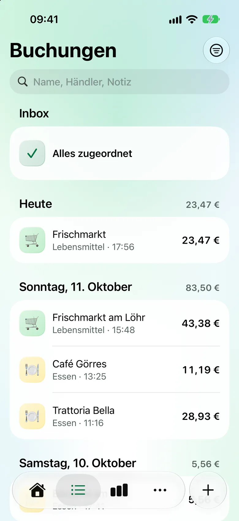 Buchungen nach Tagen sortiert, oben die Inbox: alles zugeordnet.