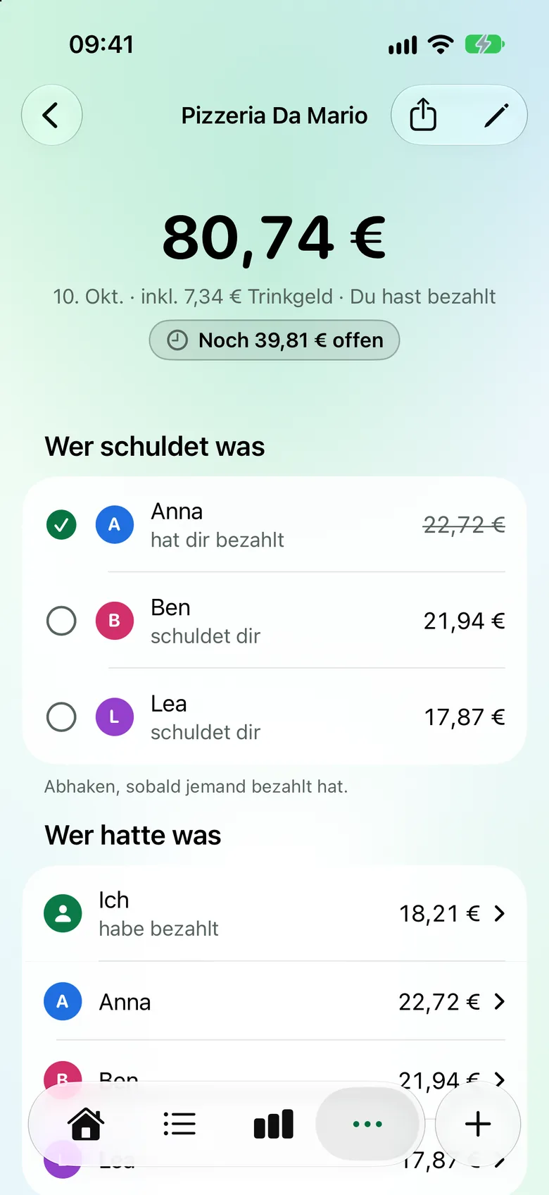 Geteilte Rechnung der Pizzeria Da Mario: 80,74 € inklusive Trinkgeld, wer wem wie viel schuldet und wer schon bezahlt hat.
