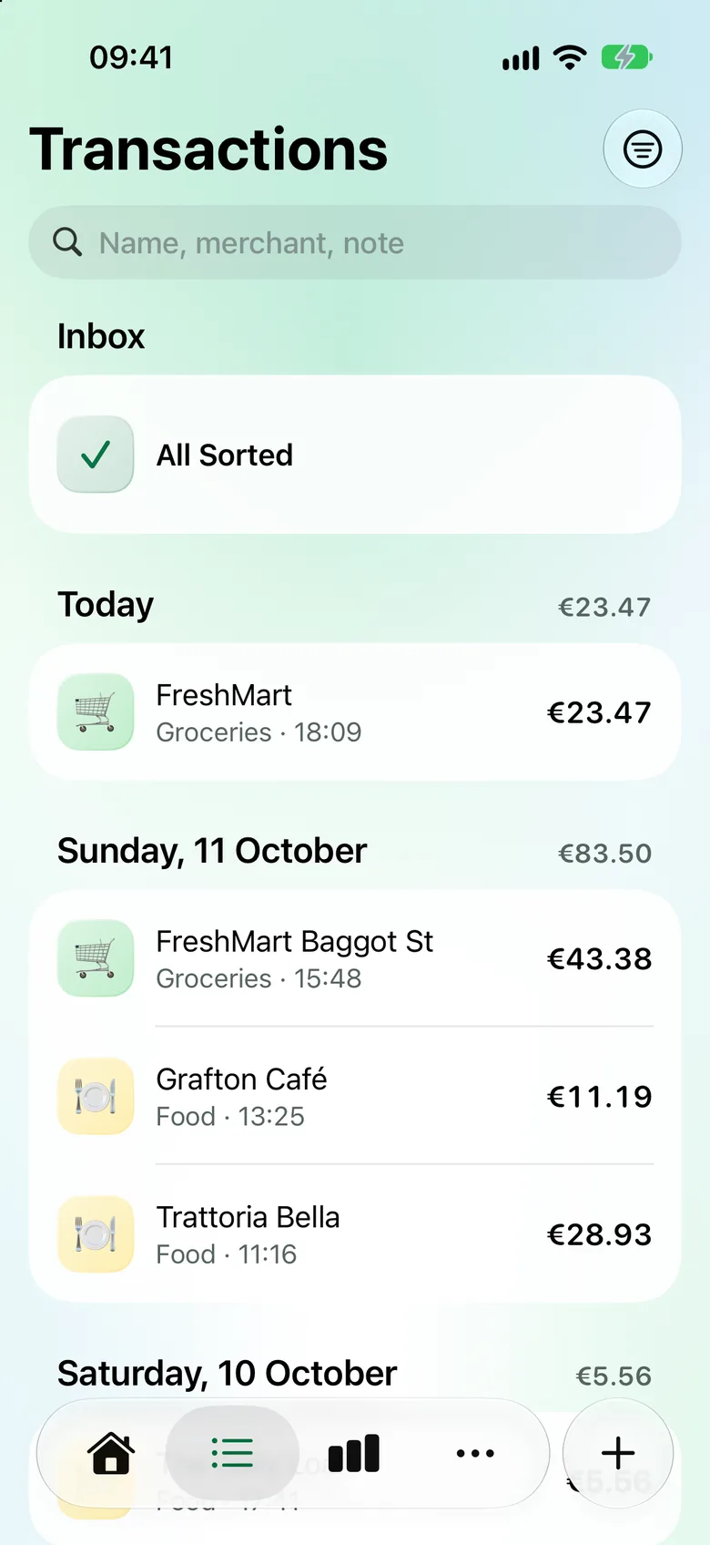 Transactions sorted by day, with the Inbox at the top: all sorted.