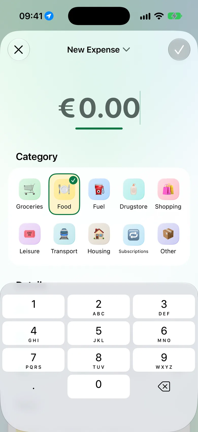Adding a new expense: amount field, categories as tiles and number pad.